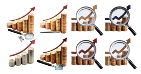 Growth and Analysis of Financial Trends with Coins and Graphs, Bundle Set Collection, Isolated on Transparent Background