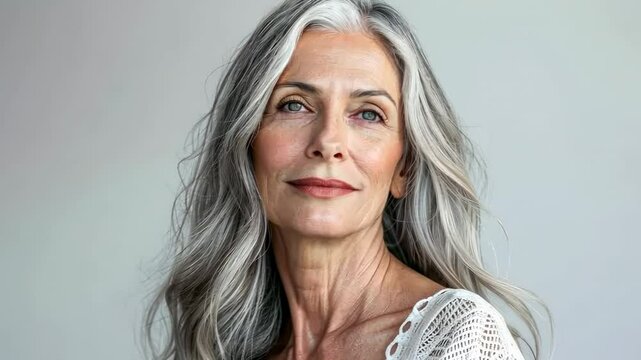 beautiful elderly gray-haired woman on white background, elegant mature lady, modern granny, grandmother, wrinkled face, retired person