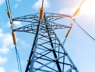 A tall electricity pylon against a bright blue sky background