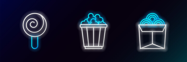 Set line Noodles in box, Lollipop and Popcorn icon. Glowing neon. Vector