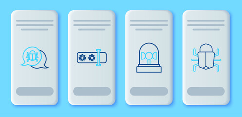 Set line Password protection, Flasher siren, System bug and icon. Vector