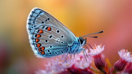 Obraz premium Vibrant blue butterfly perched on pink blossoms