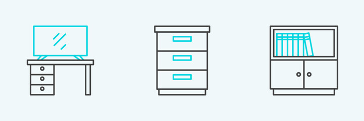 Set line Library bookshelf, TV table stand and Furniture nightstand icon. Vector