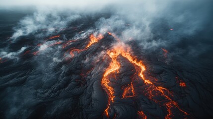 This breathtaking image reveals a fiery volcanic eruption, with molten lava cascading down the terrain, showcasing nature's raw power and dramatic beauty that captivates.