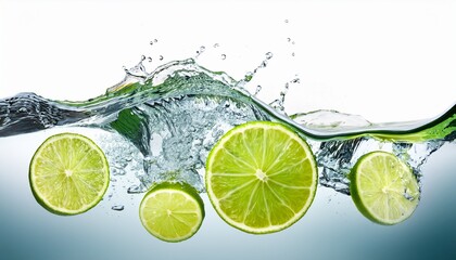 refreshing waves of water with floating lime slices isolate on white background