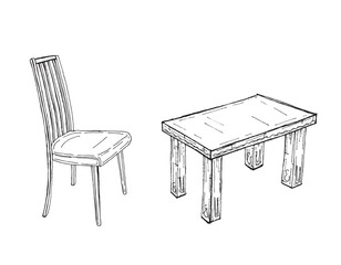 Сhair and table isolated on white, hand drawn vector illustration, doodle style picture. 100% hand drawn vector image.