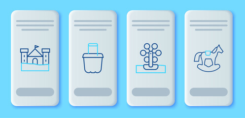 Set line Sand in bucket, Ferris wheel, castle and Horse saddle swing icon. Vector