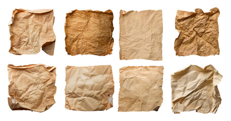 Crumpled Brown Paper Sheets on White Background for Texture Use, PNG bundle collection, Isolated on Transparent Background