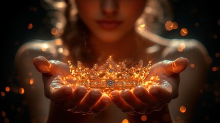 Golden crown held in hands, glowing light