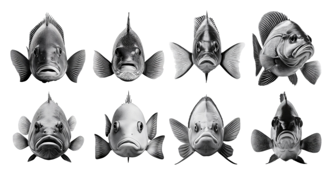 Black and White Illustrations of Different Fish with Unique Expressions, Bundle Set Collection, Isolated on Transparent Background