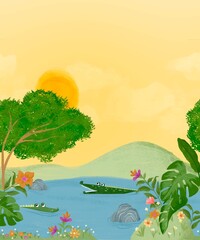 summer tropical landscape with lake and trees with aligators