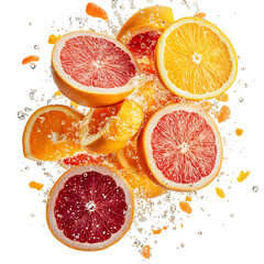 Grapefruit and Orange Slices Flying Through the Air With Oranges and Lemons Isolated on Transparent Background