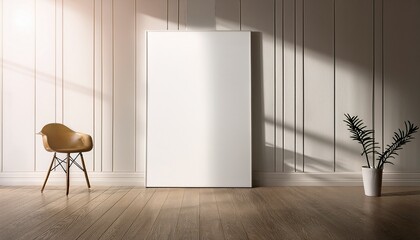 vertical mockup of blank canvas or picture frame for big vertical poster in white minimalistic interior empty living room exhibition with warm sunny light