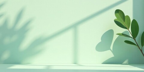 Serene Green Background with Plant and Shadow Overlay for Product Display or Presentation