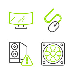 Set line Computer cooler, Case of computer, mouse and monitor screen icon. Vector