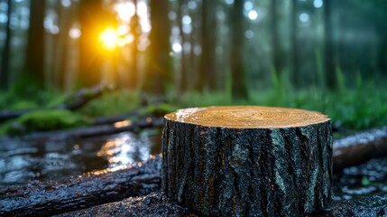 A majestic tree stump surrounded by lush greenery with sunlight filtering through the dense forest canopy