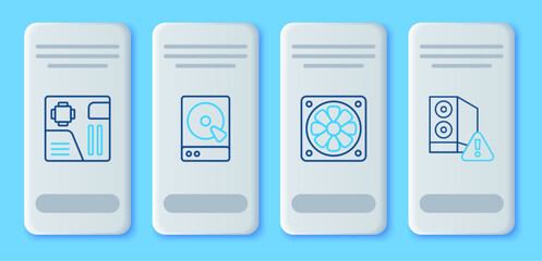 Set line Hard disk drive HDD, Computer cooler, Motherboard digital chip and Case of computer icon. Vector