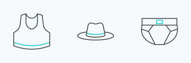 Set line Men underpants, Undershirt and Man hat icon. Vector