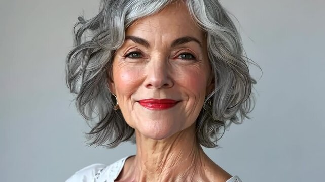 beautiful elderly gray-haired woman on white background, elegant mature lady, modern granny, grandmother, wrinkled face, retired person