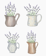 Lavender flower in a vase watercolor illustration. Hand painted lavender in ceramic jugs