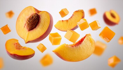 peach slices and cubes floating in air against light gray background