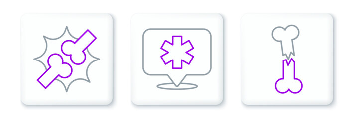 Set line Human broken bone, Joint pain, knee pain and Location hospital icon. Vector