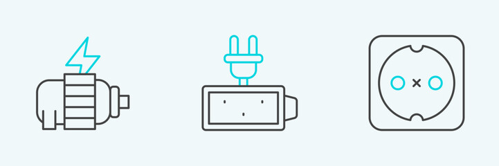 Set line Electrical outlet, motor and Battery charge icon. Vector