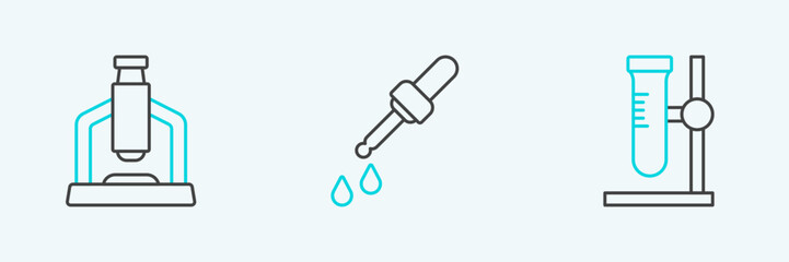 Set line Test tube flask on stand, Microscope and Pipette icon. Vector