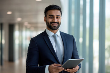 Confident Indian business man leader looking aside walking in office. Busy professional businessman going in hallway holding digital tablet thinking of work plan using tab computer. Authentic photo