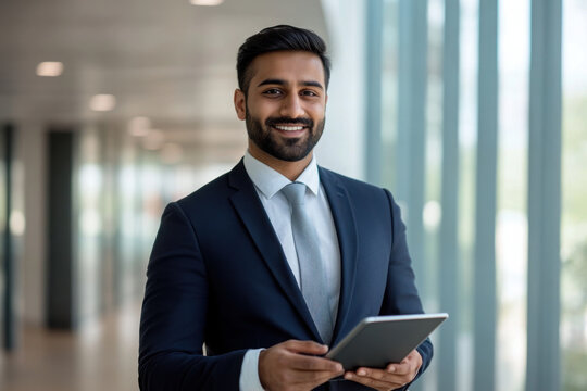 Confident Indian business man leader looking aside walking in office. Busy professional businessman going in hallway holding digital tablet thinking of work plan using tab computer. Authentic photo