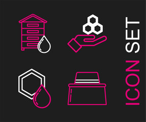 Set line Beekeeper with protect hat, Honeycomb, and hand and Hive for bees icon. Vector