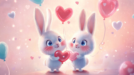 Obraz premium happy valentine`s day background with bunnys holding heart ballons