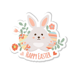 Happy easter sticker. Cute little rabbit with easter eggs on white background. Can be add text. Design for banner, poster, postcard. EPS10.