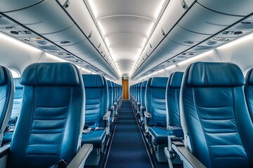 Fototapeta premium Vacant plane cabin with cozy seats roomy interior style showcases sleek air travel ease current aircraft inside with blue chairs white edges aisle in middle fits well 
