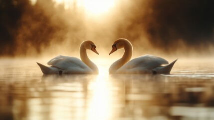A romantic pair of swans gracefully gliding across the tranquil water, radiating warmth from the soft morning light, symbolizing love and companionship.