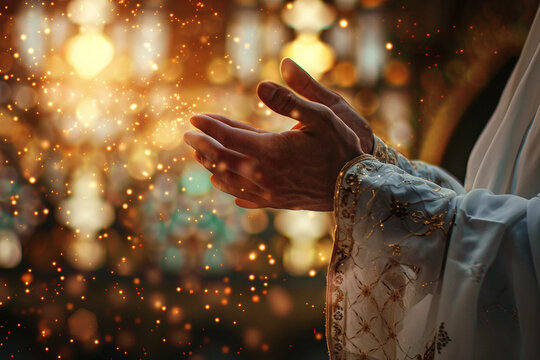 Muslim hands praying after prayer, beautiful praying hands closeup