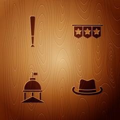 Set Western cowboy hat, Baseball bat, White House and Carnival garland with flags on wooden background. Vector