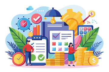 Naklejka premium A vibrant illustration shows individuals using technology and tools for customizable tax planning, Tax Customizable Semi Flat Illustration