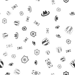 Set Western cowboy hat, Stacks paper money cash, Shield with stars and on seamless pattern. Vector