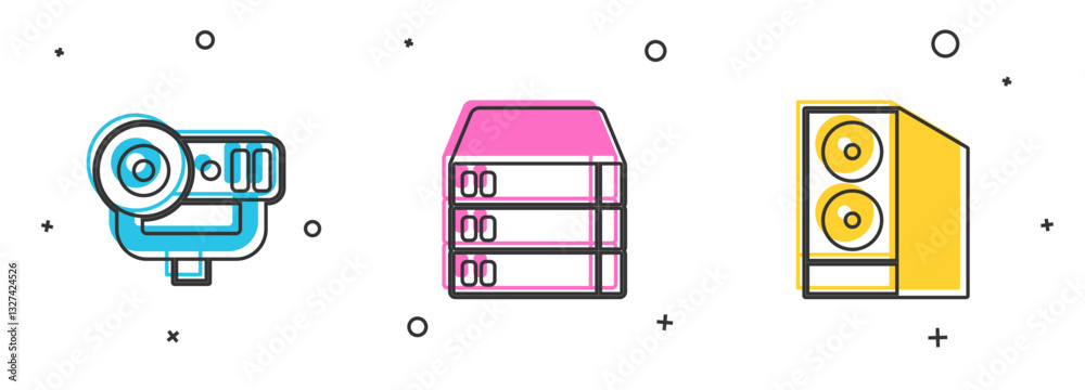 Poster set web camera, server, data, hosting and case of computer icon. vector