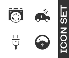 Set Voltmeter, Battery with recycle symbol, Electric plug and Smart car system icon. Vector