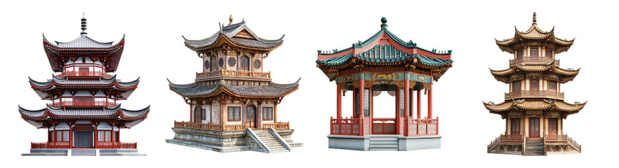 Traditional Asian Architecture Collection of Unique Building Designs, Isolated on Transparent Background