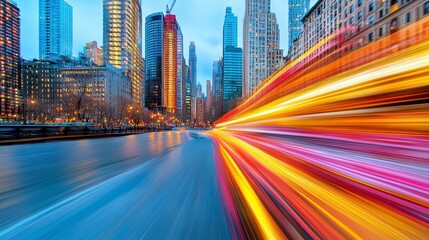 A breathtaking city featuring numerous tall buildings illuminated with multicolored lights against a night sky