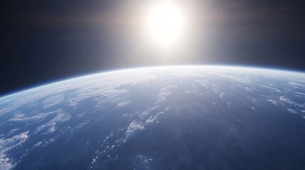 Vast planet view from space, bright sunlight illuminating horizon, deep blue atmosphere with clouds, ideal for sci-fi themes.