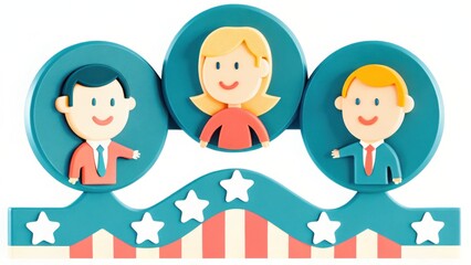 Obraz premium Smiling Cartoon Figures in Teal Circles on a Starry Base