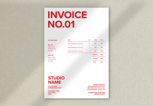 Minimal Invoice Layout with Bold Red Typography