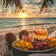Obraz premium Kolorowe drinki i owoce na plaży przy zachodzie słońca