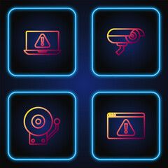 Set line Browser with exclamation mark, Ringing alarm bell, Laptop and Security camera. Gradient color icons. Vector