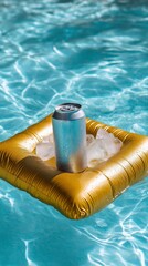 Chilled soda can on inflatable raft in refreshing pool water