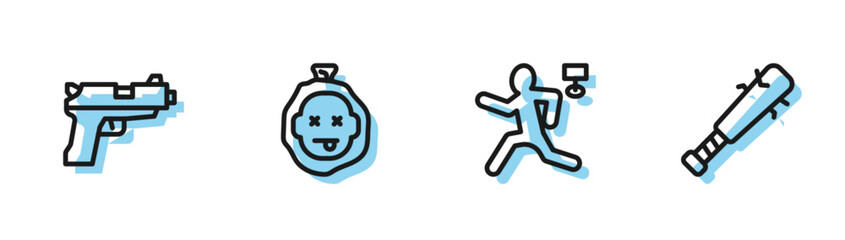 Set line Murder, Pistol or gun, and Baseball bat with nails icon. Vector